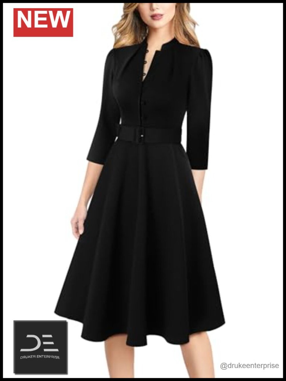 A-Line Midi Work Dress with Pockets Belted Button Front 3/4 Sleeve